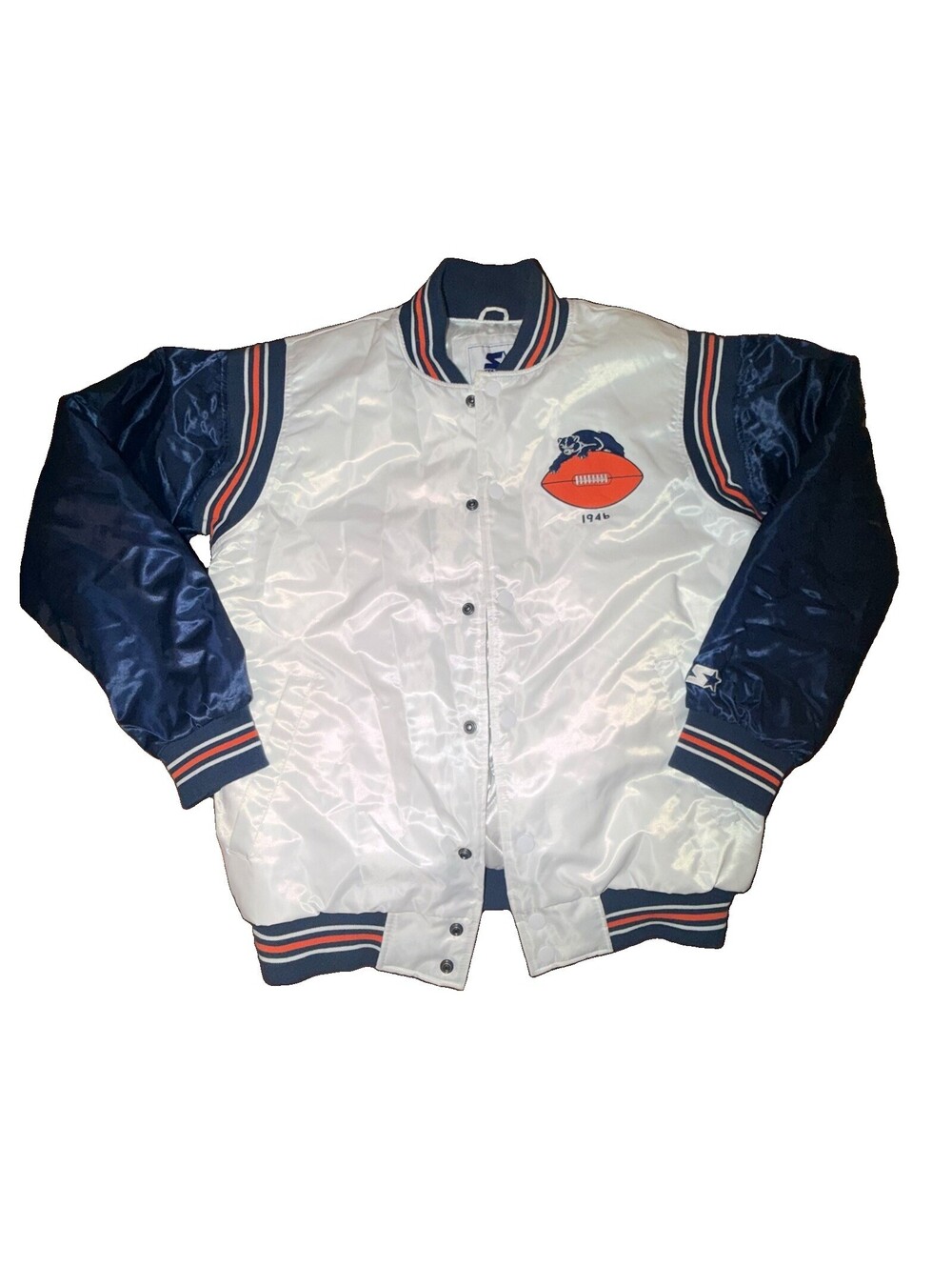 Vintage Starter Chicago Bears Satin Bomber Jacket Mens White Navy 1946 Logo NFL